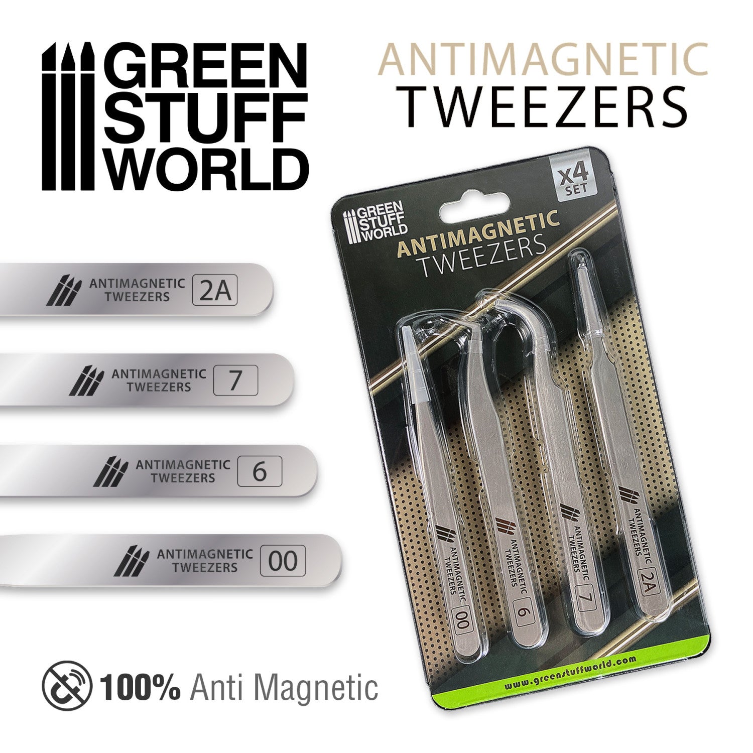 Green Stuff World antimagnetic tweezers set with packaging on a white background