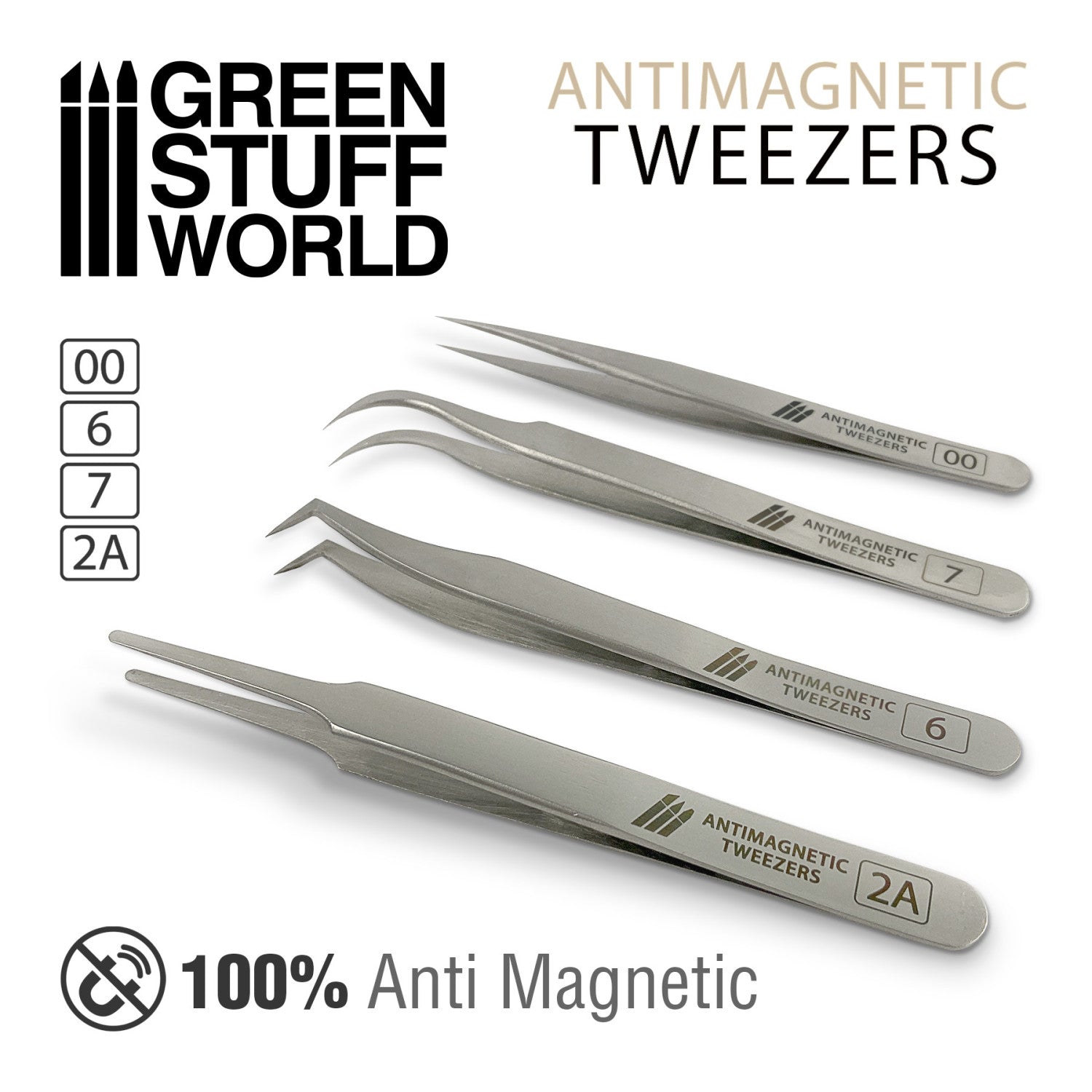 Set of antimagnetic tweezers with 'Green Stuff World' branding on a white background.