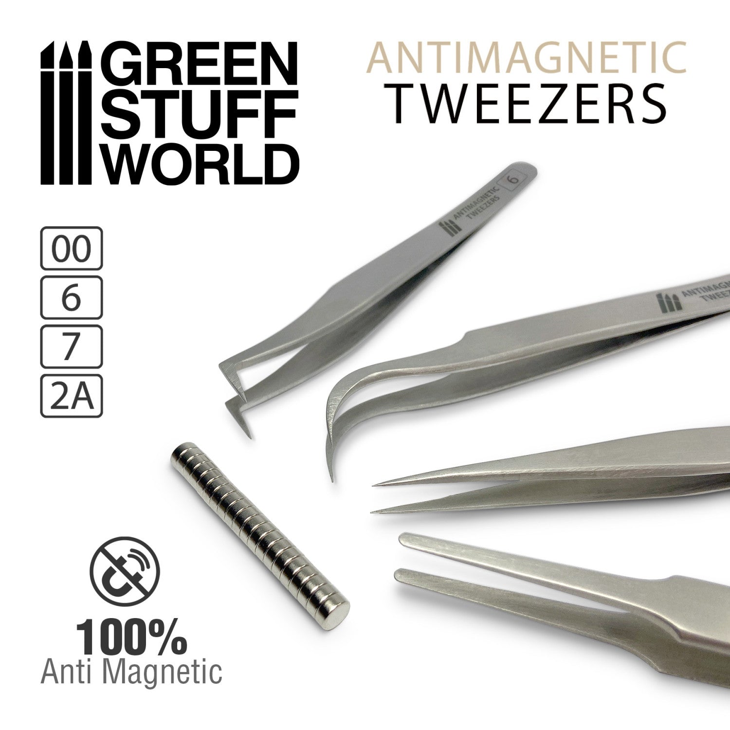 Set of antimagentic tweezers with 'Green Stuff World' branding on a white background.