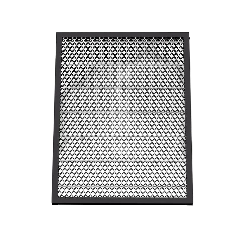 Rectangular black and white patterned rug on a white background