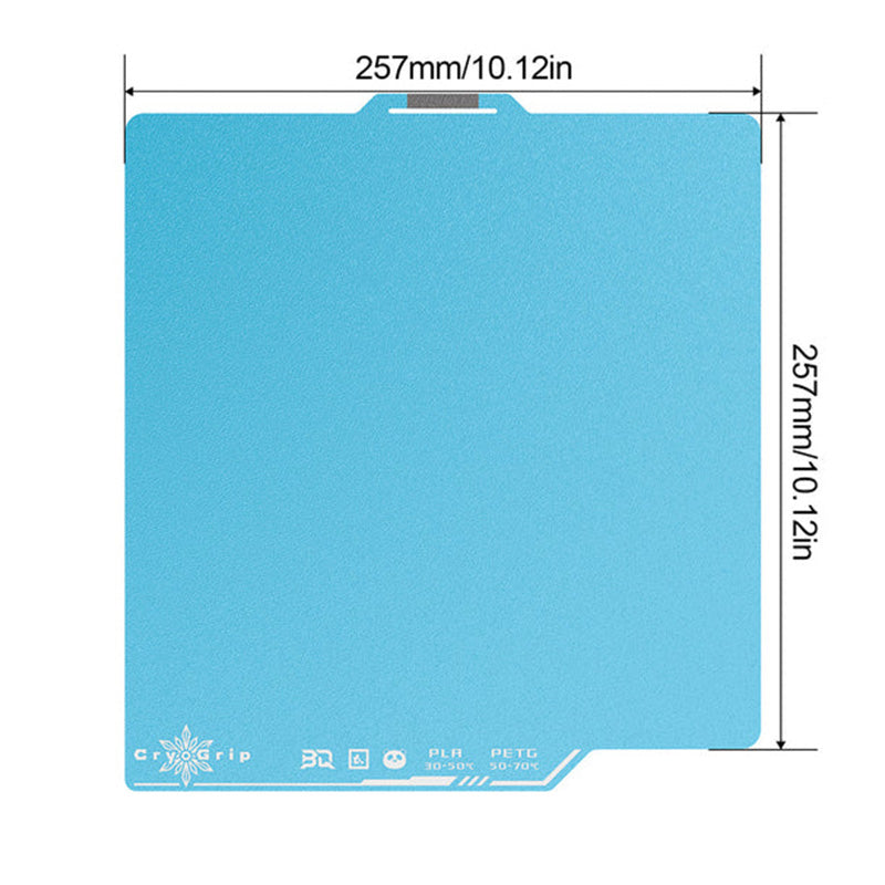 Dimension schematic of the BIQU Panda CryoGrip Pro Frostbite build plate showing the 257x257mm sizing for Bambu Lab X1, P1, and A1 series.