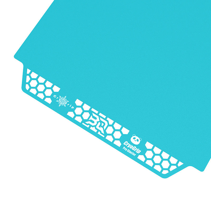 Bottom edge close-up of the BIQU CryoGrip Pro Glacier plate for Bambu Lab A1 Mini displaying the honeycomb grid pattern and logo markings.