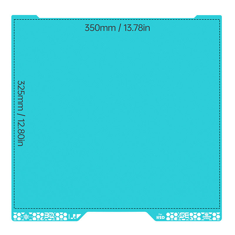 Dimension schematic of the BIQU CryoGrip Pro Glacier build plate for Bambu Lab H2 series showing 350mm width and 325mm depth specifications.