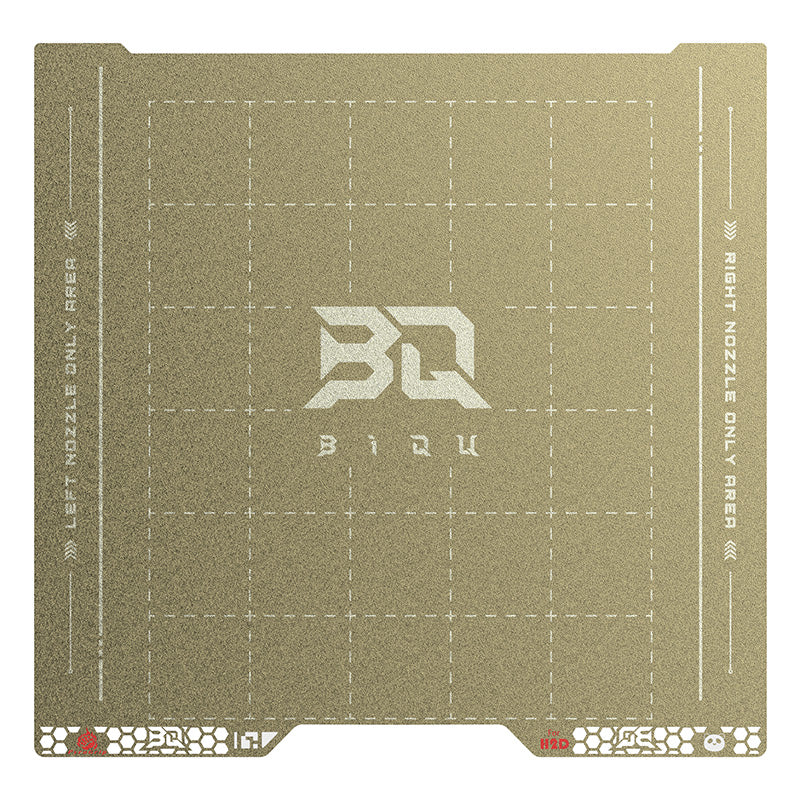BIQU Pyrogrip double-sided textured PEI spring steel build plate with laser-etched grid for Bambu Lab H2D and H2S 3D printers.