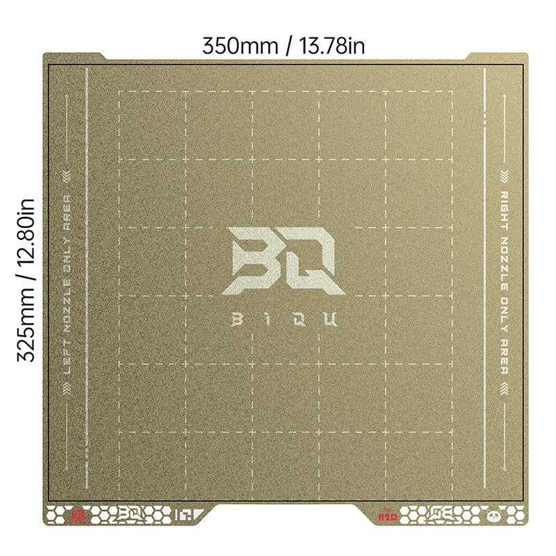 Technical measurement chart of BIQU Pyrogrip build plate for Bambu Lab H2 series showing 350mm width and 325mm depth print area dimensions.