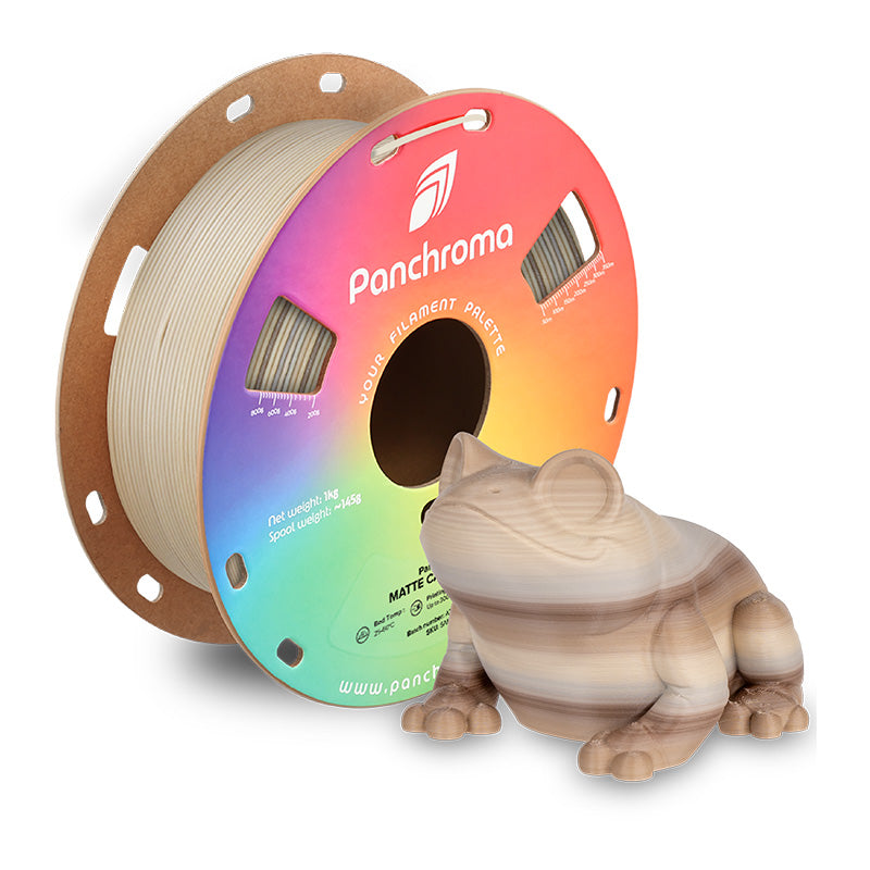 Polymaker Panchroma PLA Matte Gradient Cappuccino 1.75mm filament spool with 3D printed neutral beige frog model