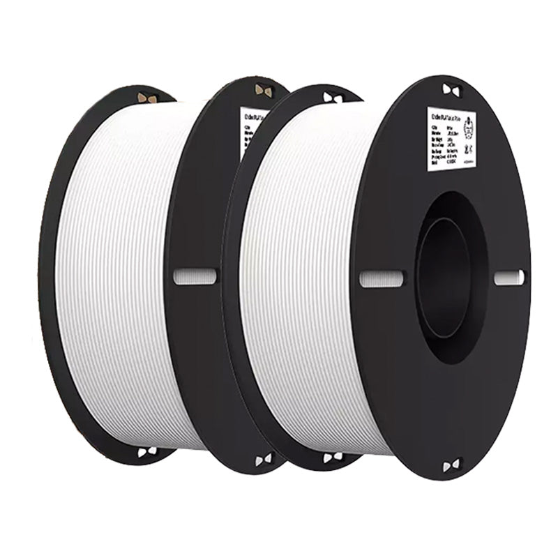 Two spools of Creality white filament on black reels with labels on a white background