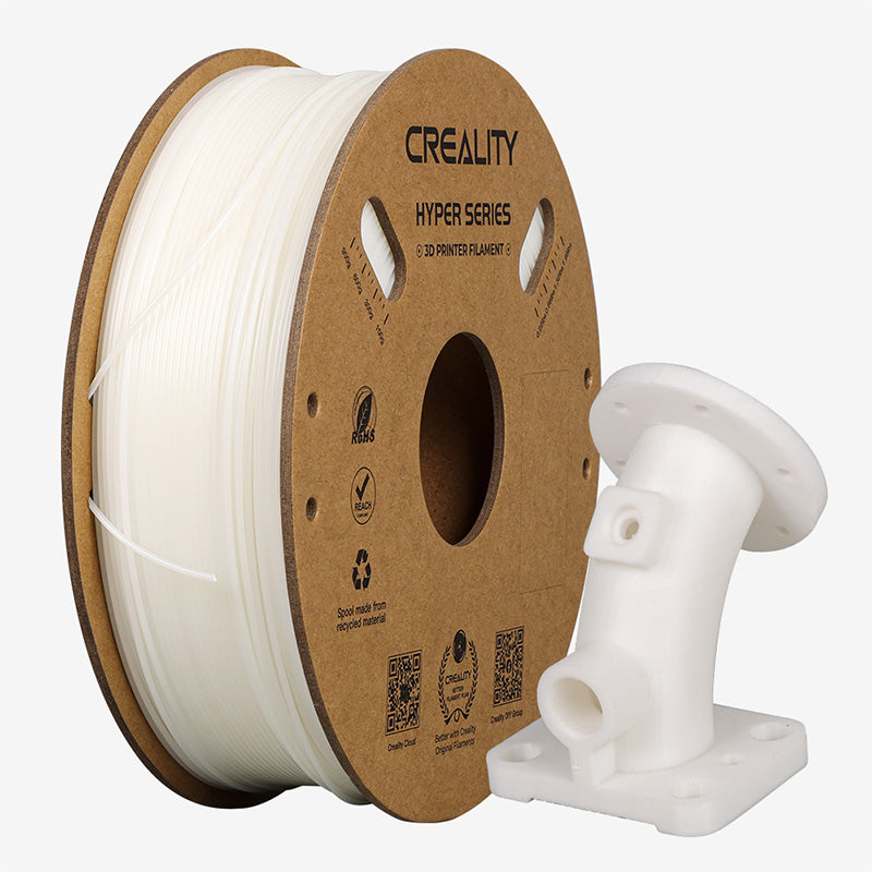 Spool of Creality Hyper Series 3D printer ABS filament with a printed white object on a white backgrounder