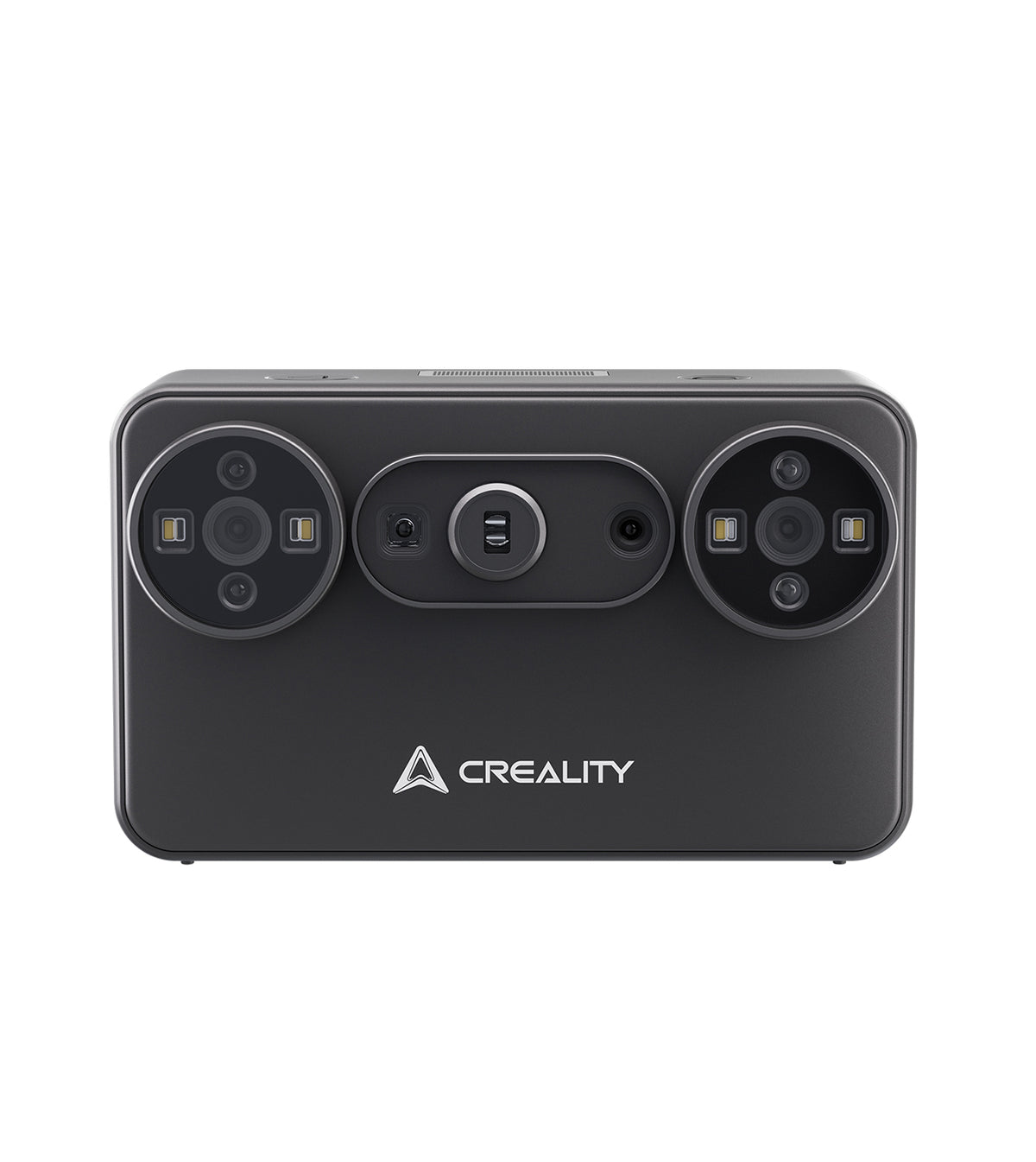 Creality Pika portable AI 3D scanner front view featuring dual optical cameras, blue laser emitters, and RGB LED light array.