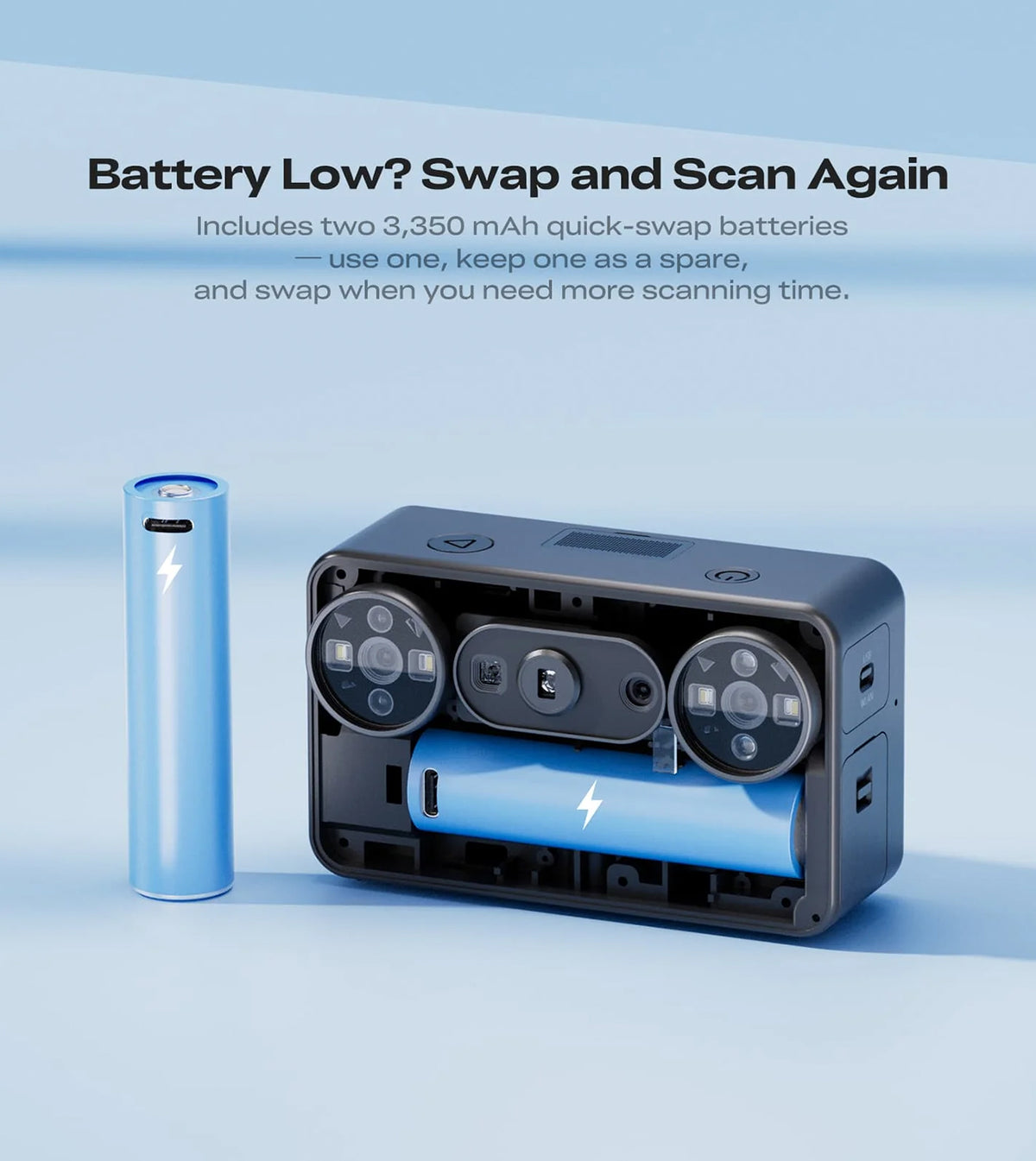 Creality Pika scanner showing open battery compartment with quick-swap rechargeable battery and spare cell.