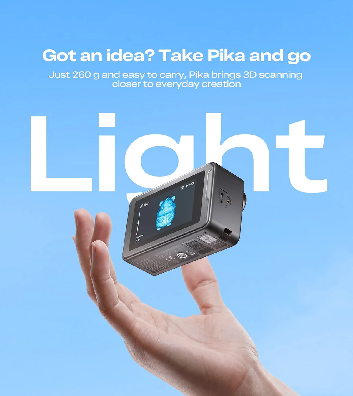 Creality Pika portable 3D scanner floating in hand highlighting ultra-light 260g design.