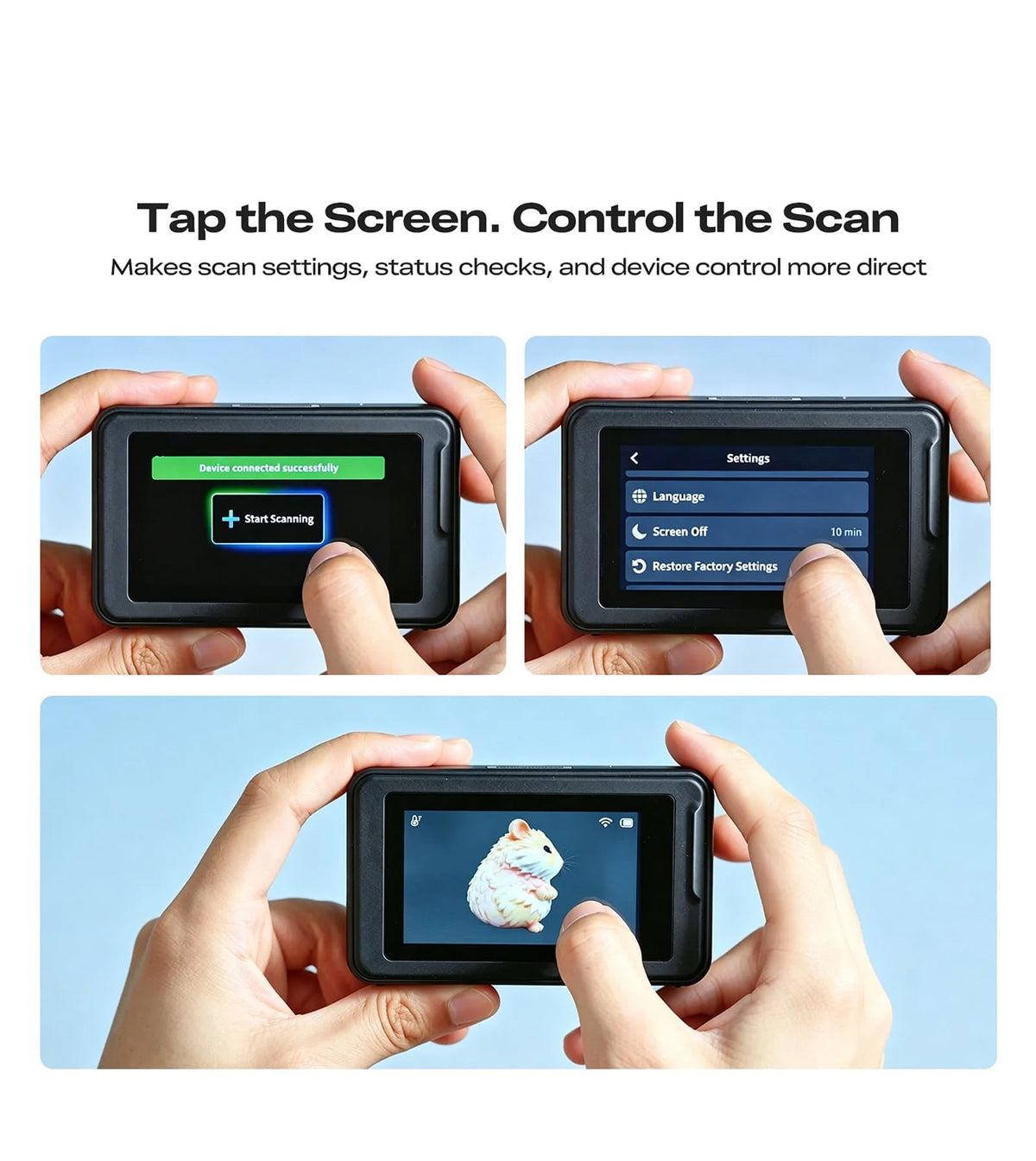 Close-up of user operating the Creality Pika built-in touchscreen menu and scanning settings with fingers.