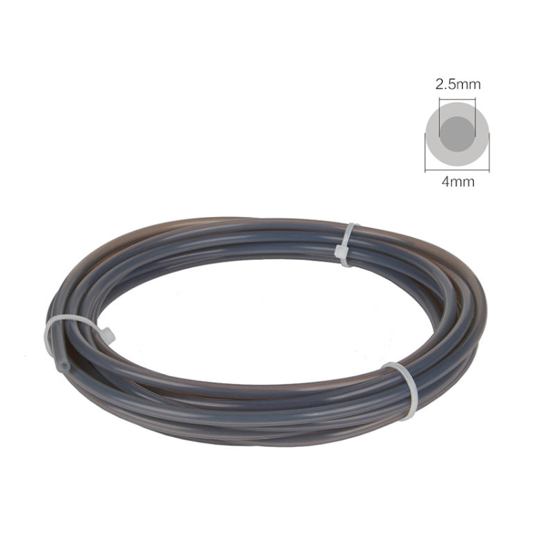 Dark grey PTFE tubing coil showing 2.5mm inner diameter and 4.0mm outer diameter specs