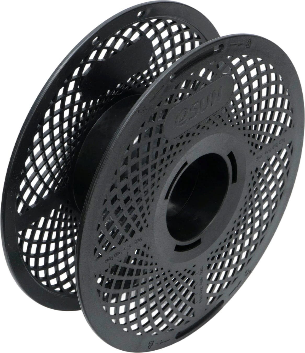 Perspective view of the eSUN eSpool+ 2.0 empty reusable spool highlighting its rotary twist-lock hub mechanism.