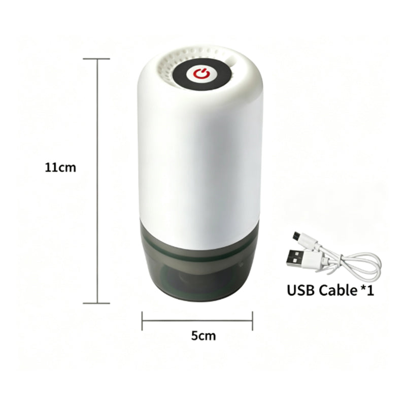 Electric vacuum pump dimensions diagram showing 12cm height by 5cm width with USB charging cable