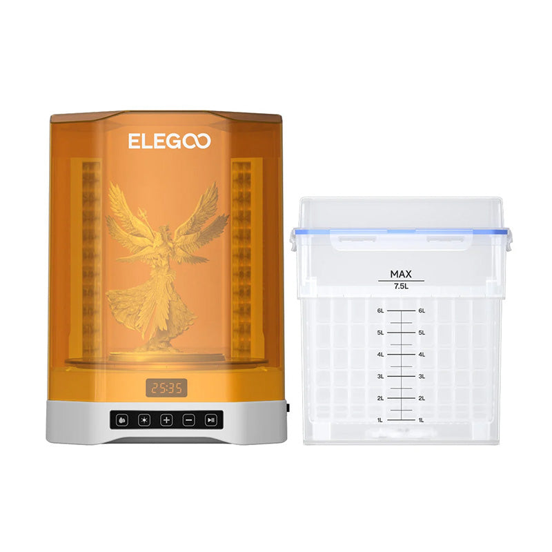 Front view comparison of the Elegoo Mercury Plus V3.0 station and its wash bucket. The main unit shows the orange anti-UV cover, the touch control panel with the timer set to 25:35, and a cured golden winged angel model inside. Beside it is the empty 7.5L transparent wash bucket with a blue seal and volume markings.