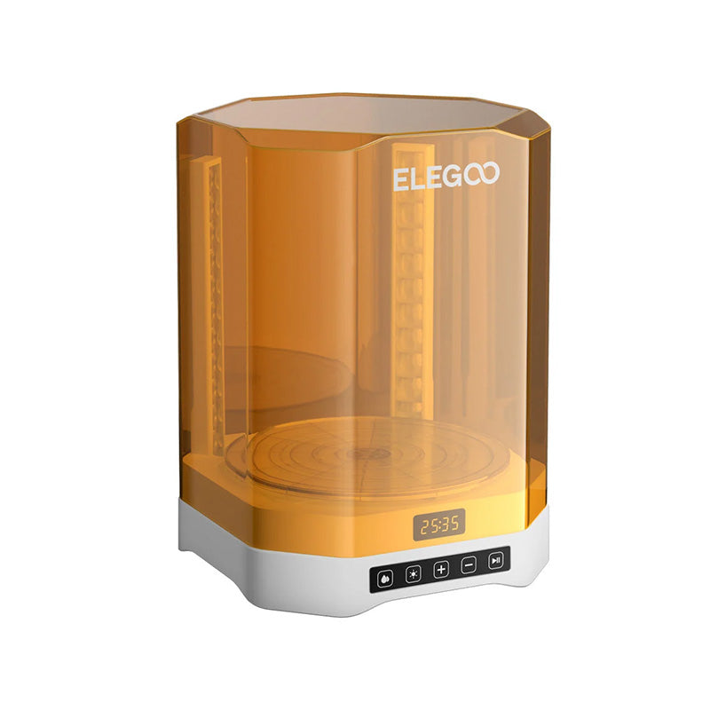 Isometric view showing the interior and structure of the Elegoo Mercury Plus V3.0 base. The hexagonal transparent orange cover reveals the two vertical UV light arrays, the central rotating curing turntable, and the inner reflective base. The front touch panel is centered with the timer at 25:35.