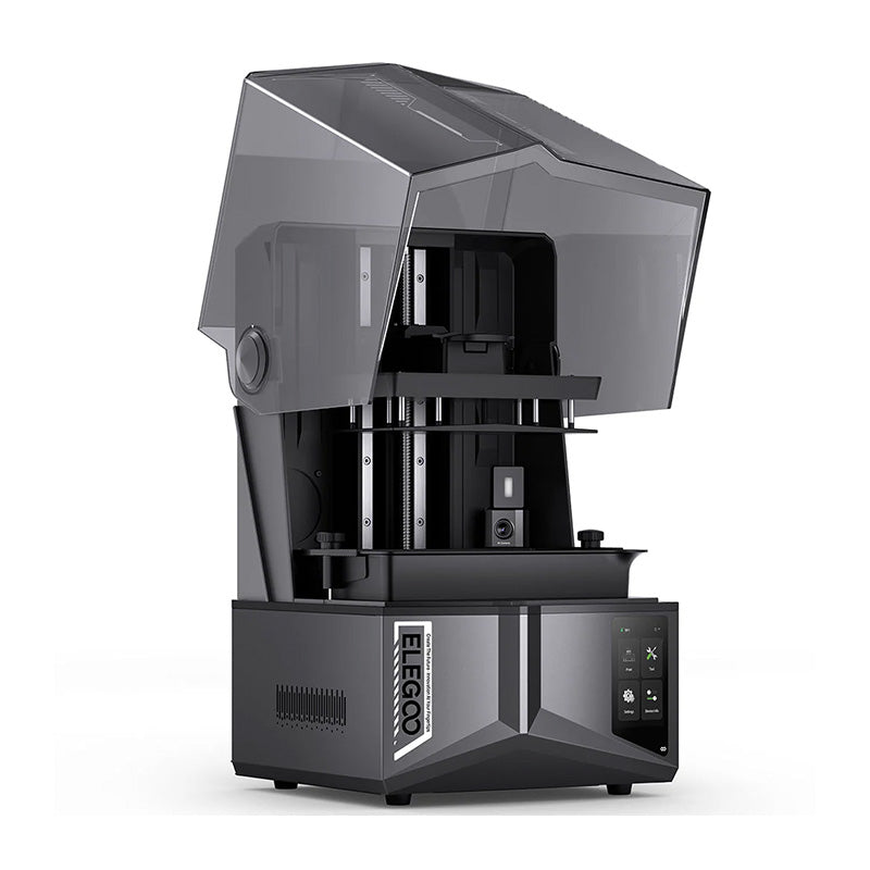 Elegoo Saturn 4 Ultra 16K – side view with cover open revealing internal build chamber and linear rail