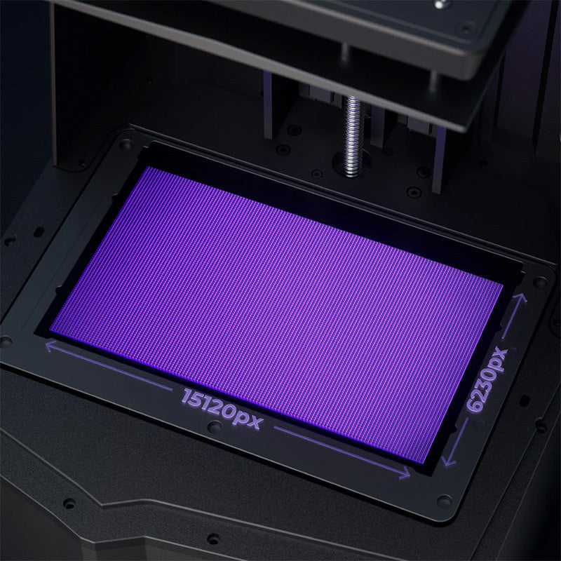 Elegoo Saturn 4 Ultra 16K – close-up of 16K mono LCD screen at 15120×6230px resolution