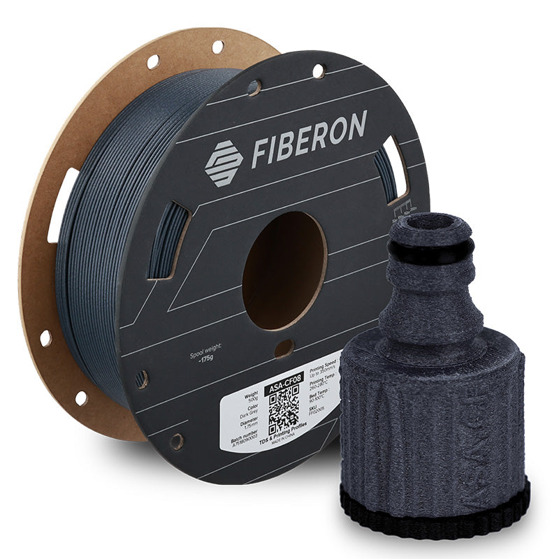 Spool of Fiberon filament and a 3D printed object on a white background
