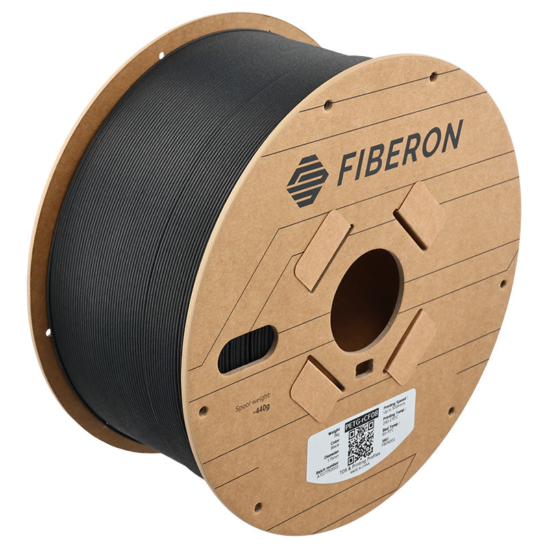Spool of black material with 'FIBERON' branding on a white background