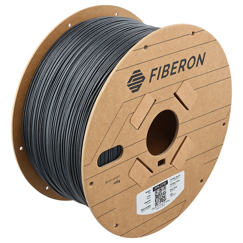 Spool of black cable on a cardboard reel with Fiberon branding.