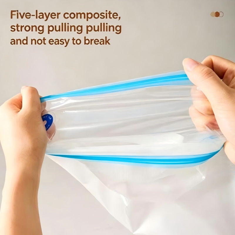 Durable 5-layer composite material showing strong pulling resistance and double zip seal