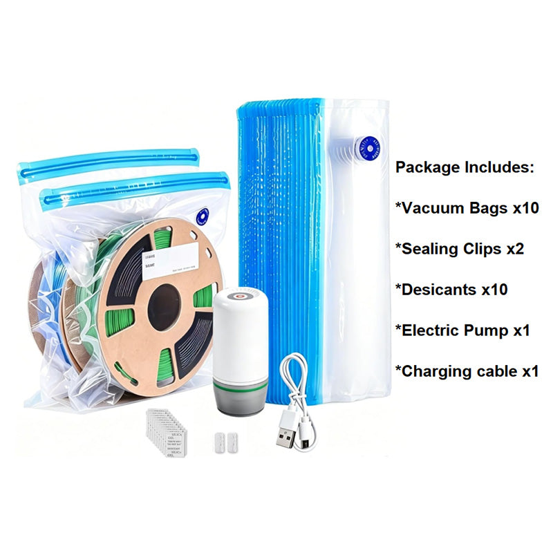 Complete package includes 10 vacuum bags, 2 sealing clips, 10 desiccants, electric pump, and charging cable