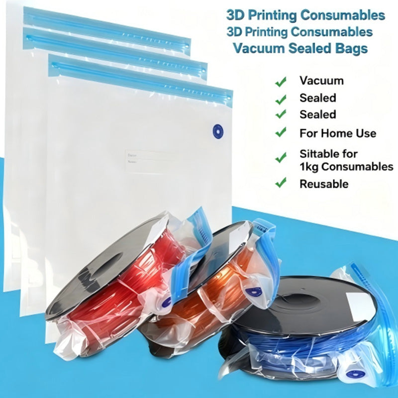 Multiple 3D printing filament spools vacuum sealed in airtight storage bags