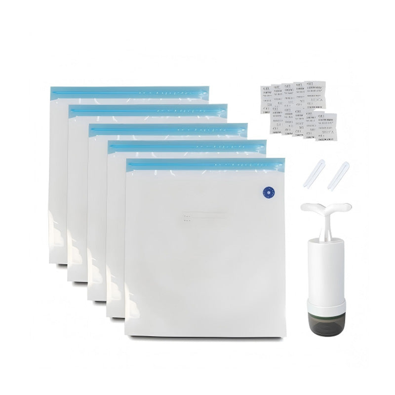 Stack of reusable filament vacuum bags with desiccant packs, clips, and manual hand pump