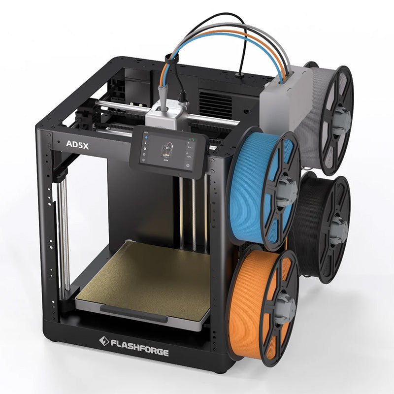 Flashforge 3D printer with spools of filament on a white background