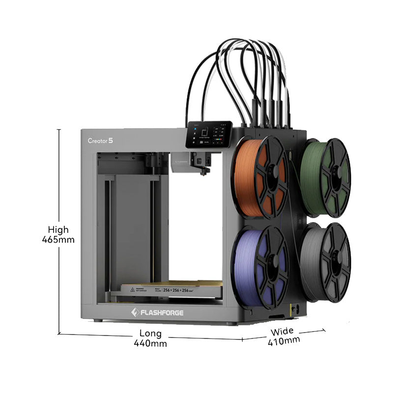 Flashforge Creator 5 dimensions: 440mm long × 410mm wide × 465mm high, shown with 4 filament spools