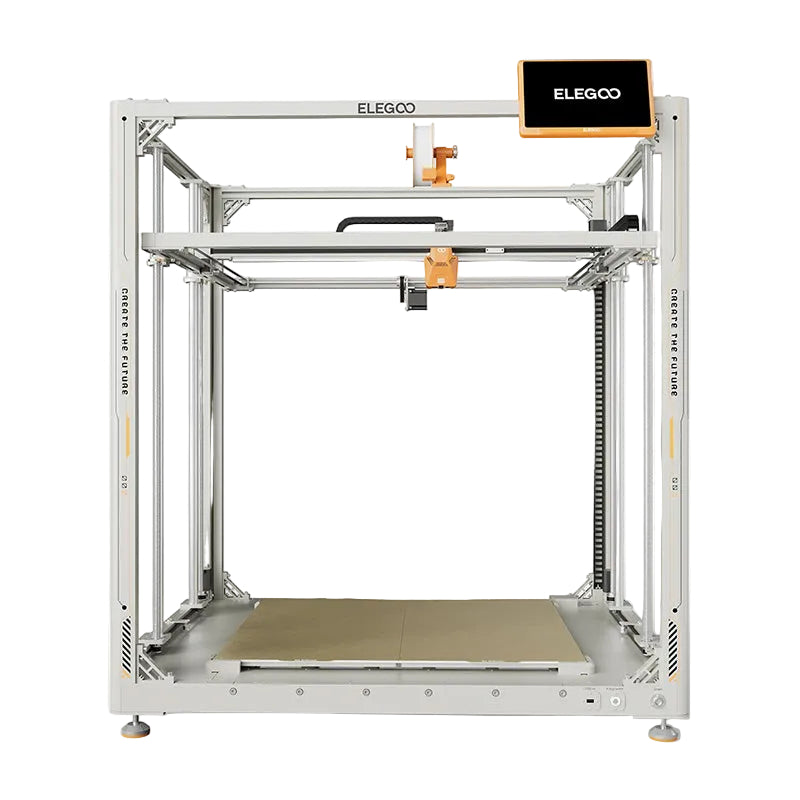 ELEGOO OrangeStorm Giga large-format FDM 3D printer front view featuring industrial frame and 10.1-inch touchscreen display.