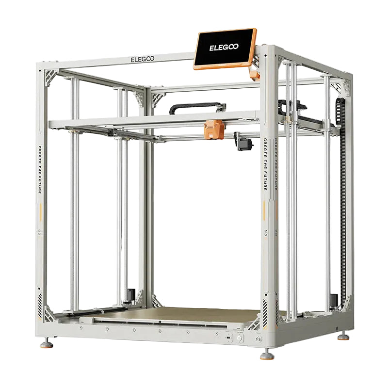 ELEGOO OrangeStorm Giga 3D printer shown at a three-quarter angle highlighting the open-frame structural chassis and 4-zone heated build plate.