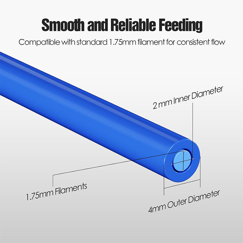 PTFE tube dimensions diagram showing 2mm inner diameter and 4mm outer diameter for 1.75mm filament