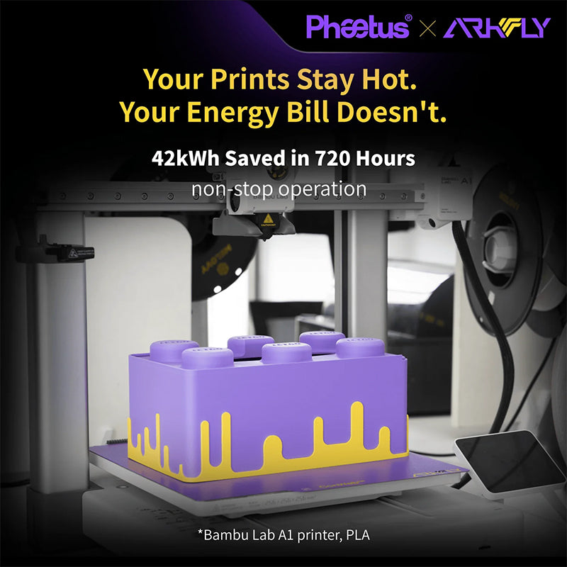 Phaetus Arkfly POPWEB Cool Plate mounted on Bambu Lab A1 mini highlighting energy savings during low-temperature printing