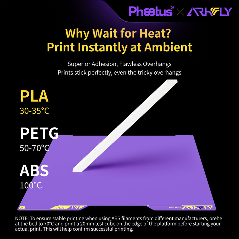 Phaetus Arkfly POPWEB Cool Plate ambient temperature printing demonstration for PLA PETG and ABS filaments