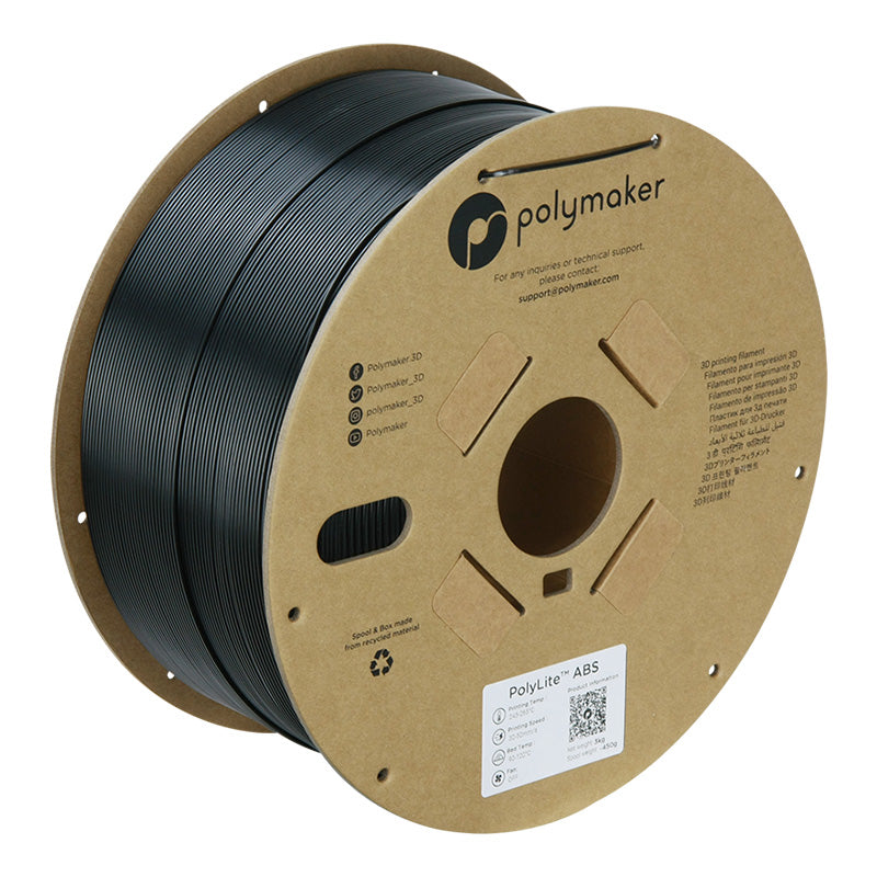 Polymaker PolyLite ASA 3D printer filament in black on a large 3kg cardboard spool
