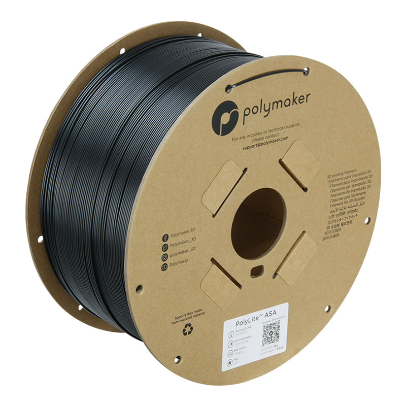 Polymaker PolyLite ASA 3D printer filament in black on a recyclable cardboard spool