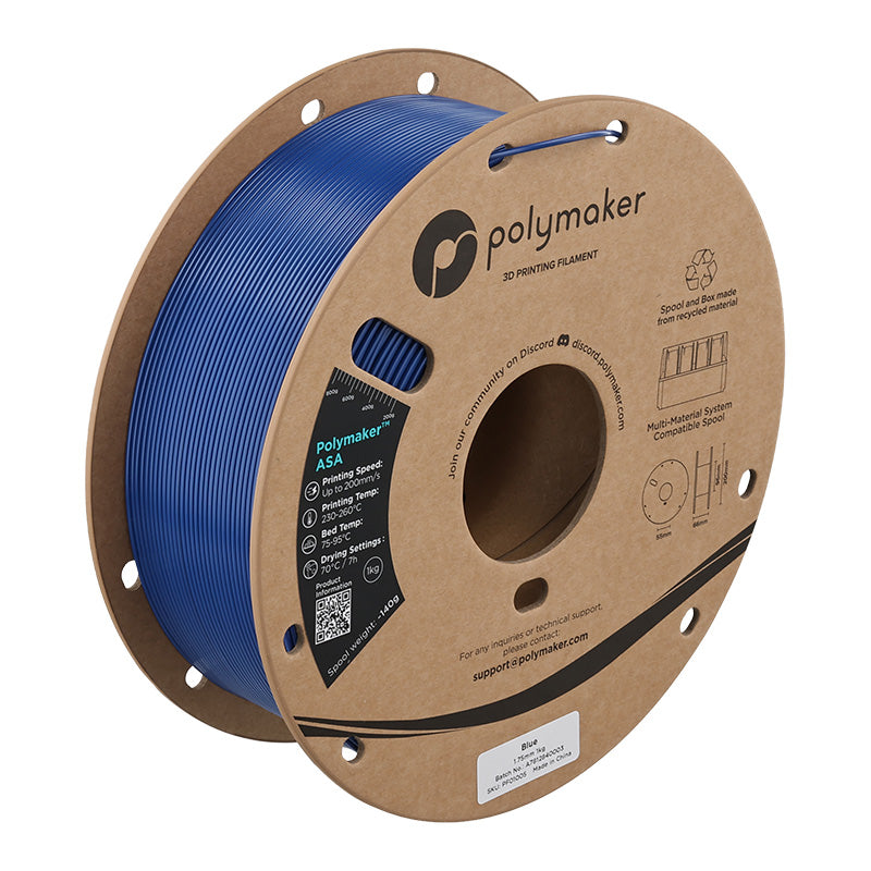 Polymaker PolyLite ASA 3D printer filament in blue on 1kg cardboard spool