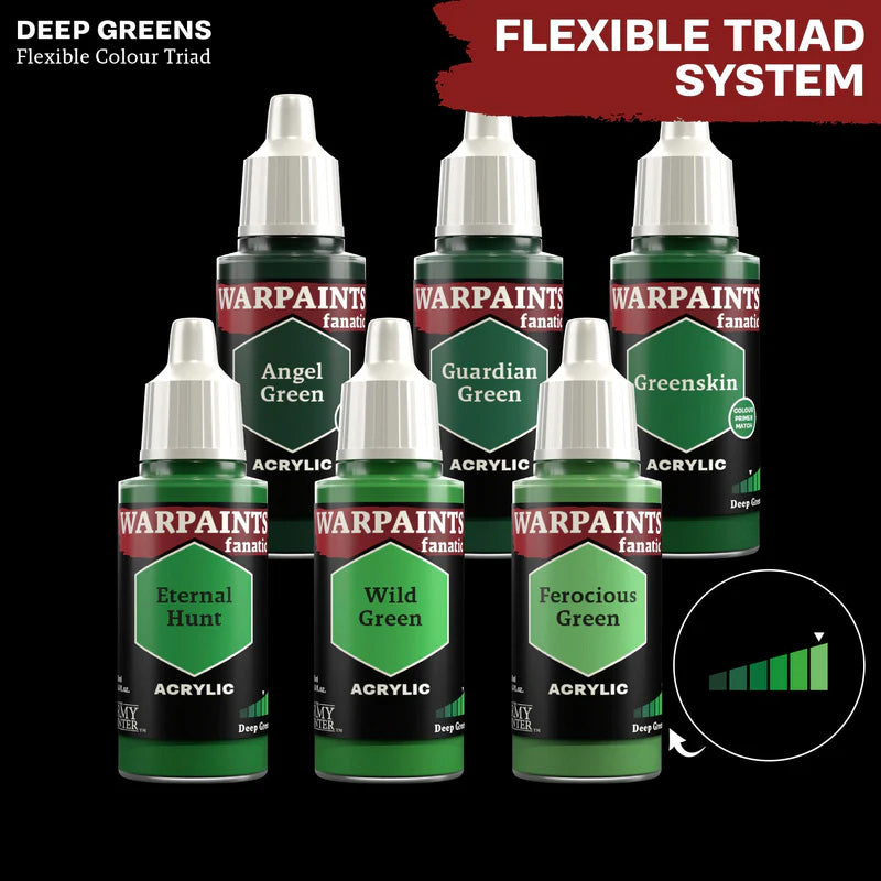 Set of Warpaints acrylic paint bottles in deep greens with a flexible triad system label.
