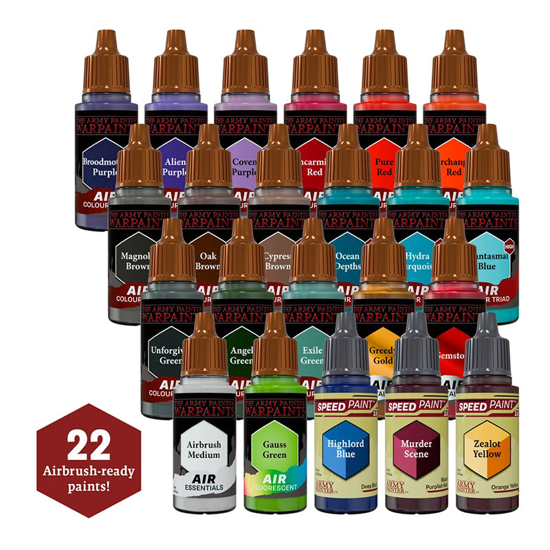 Set of 22 Army Painter airbrush paint bottles including Warpaints Air, Speedpaints, and Airbrush Medium