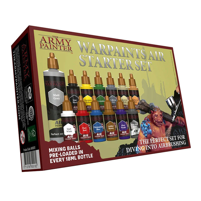 The Army Painter Warpaints Air Starter Set AW8001P packaging and Matt Grey primer