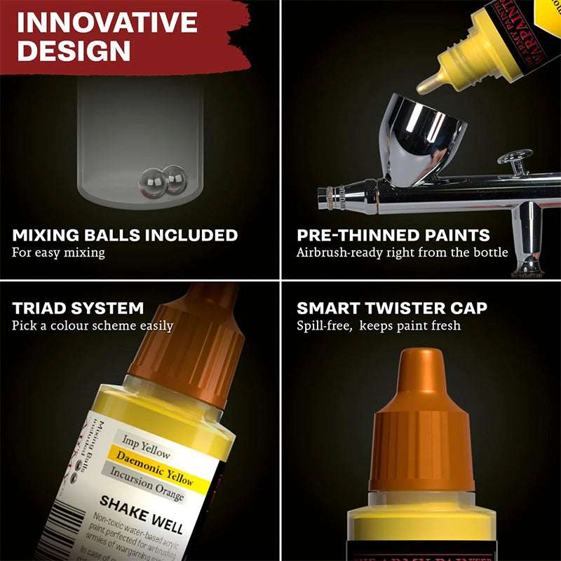 Warpaints Air features including mixing balls pre-thinned paint and twister cap