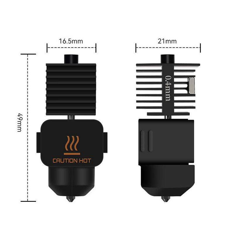 Dimensional measurement diagram showing 49mm height, 18.5mm heatsink width, and 21mm depth for Bambu Lab A Series hotend