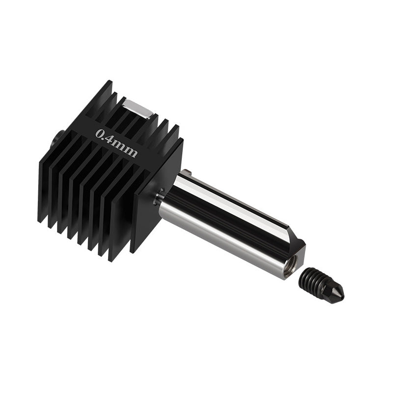 Angled view of aluminum heatsink and throat tube with detached nozzle tip for Bambu Lab A Series hotend