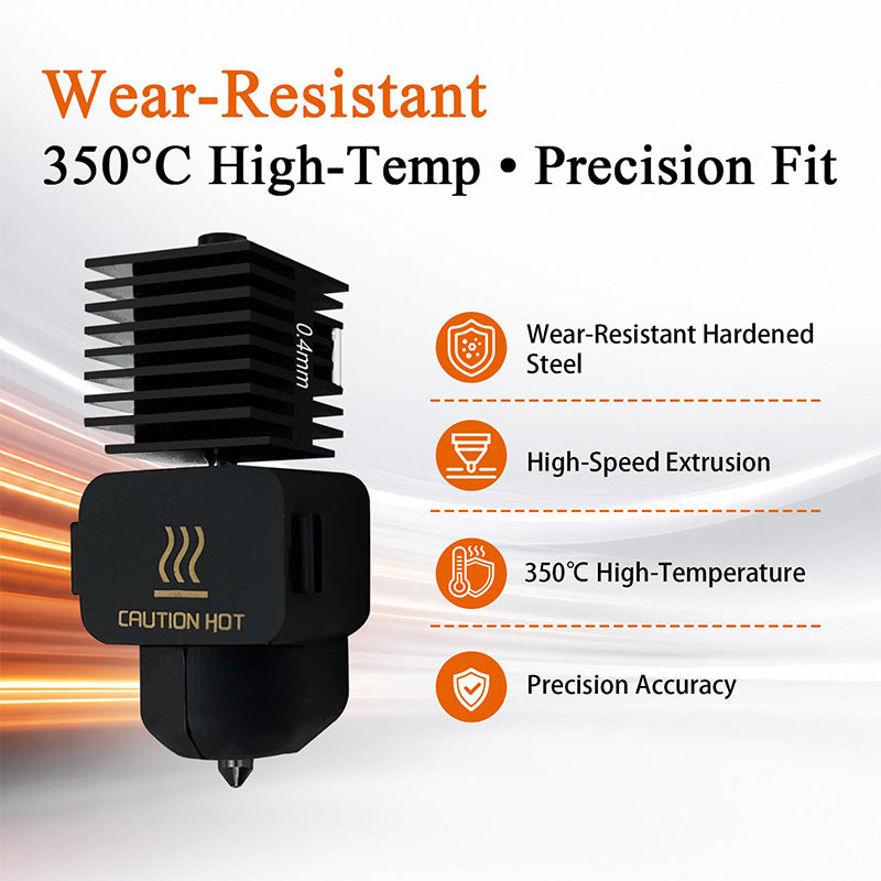 Feature callouts highlighting wear-resistant hardened steel nozzle, high-speed extrusion, and 350°C high-temperature capacity for Bambu Lab A Series