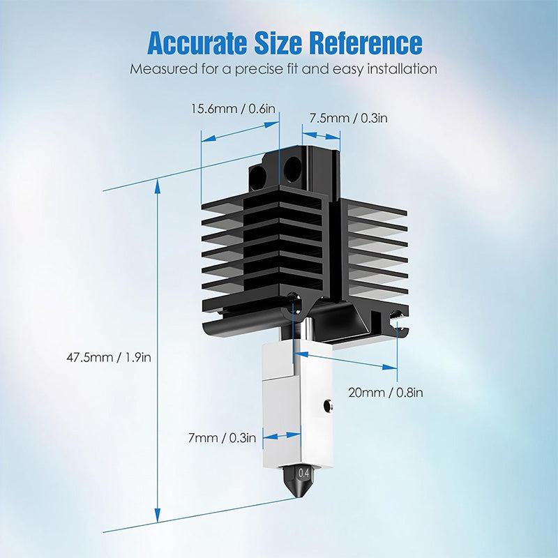 Dimensional diagram of hotend assembly showing height and heatsink measurements for Bambu Lab P Series and X Series