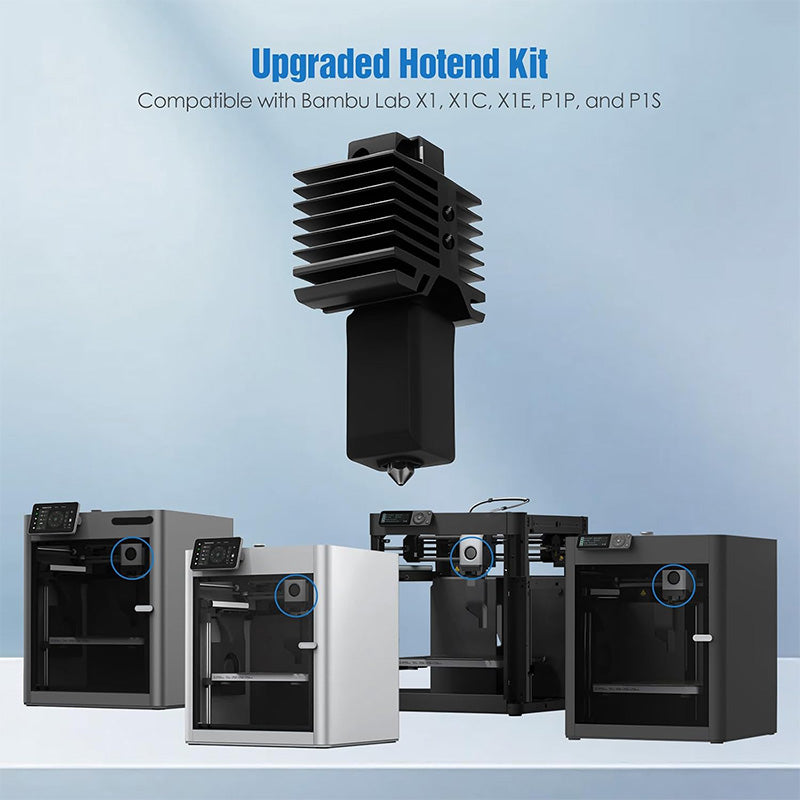 Compatibility graphic showing upgraded hotend kit fitment for Bambu Lab P Series and X Series 3D printers