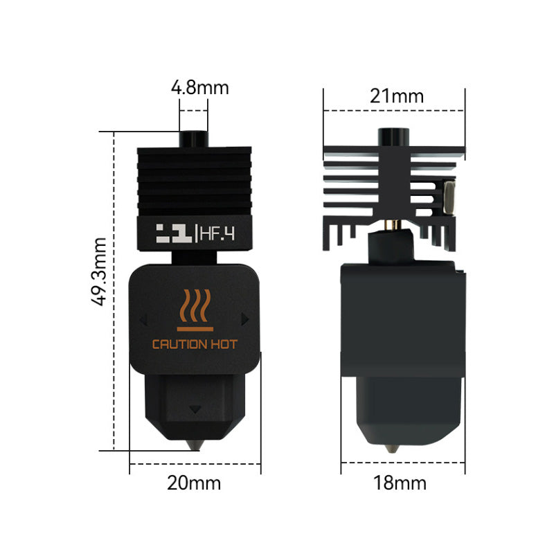 Dimensional diagram and product box dimensions for Bambu Lab H2D TZ high-flow hotend assembly
